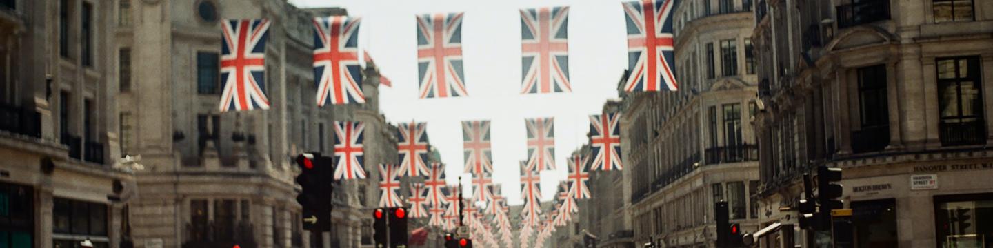 Street in London with Union Jack bunting hung from side to side
